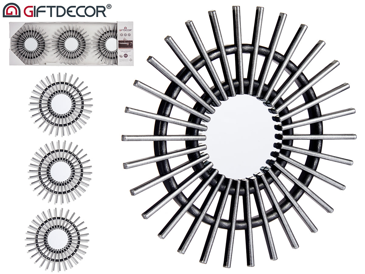 Conjunto de 3 espelhos pontiagudos pretos e prateados de 25 cm