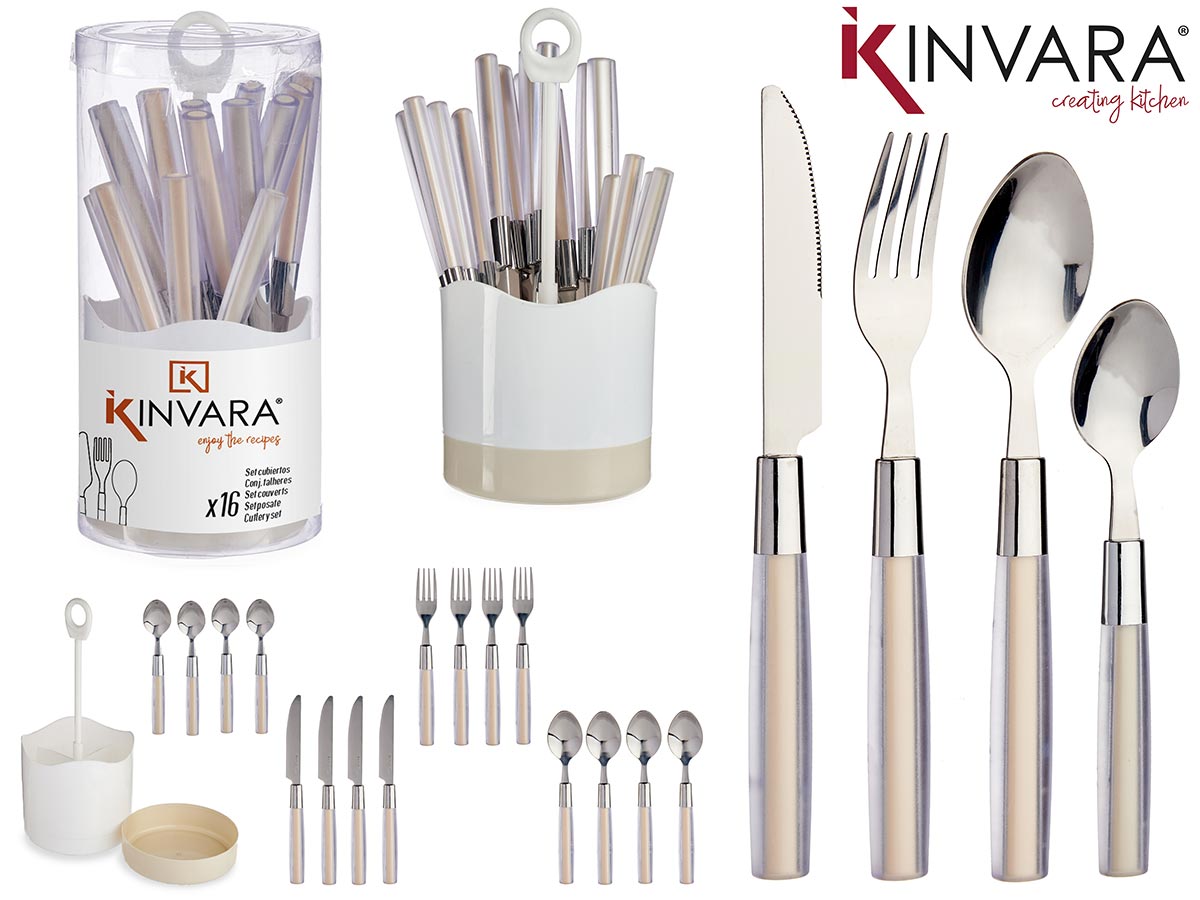 Set 16 Beige Stainless Steel Cutlery W Ps Handle