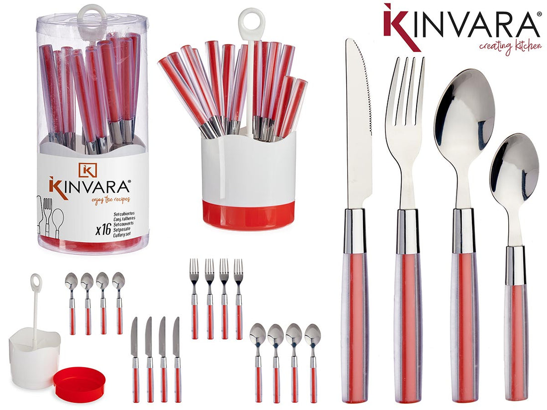 Set 16 Cubiertos Acero Inox Mango Rojo Ps