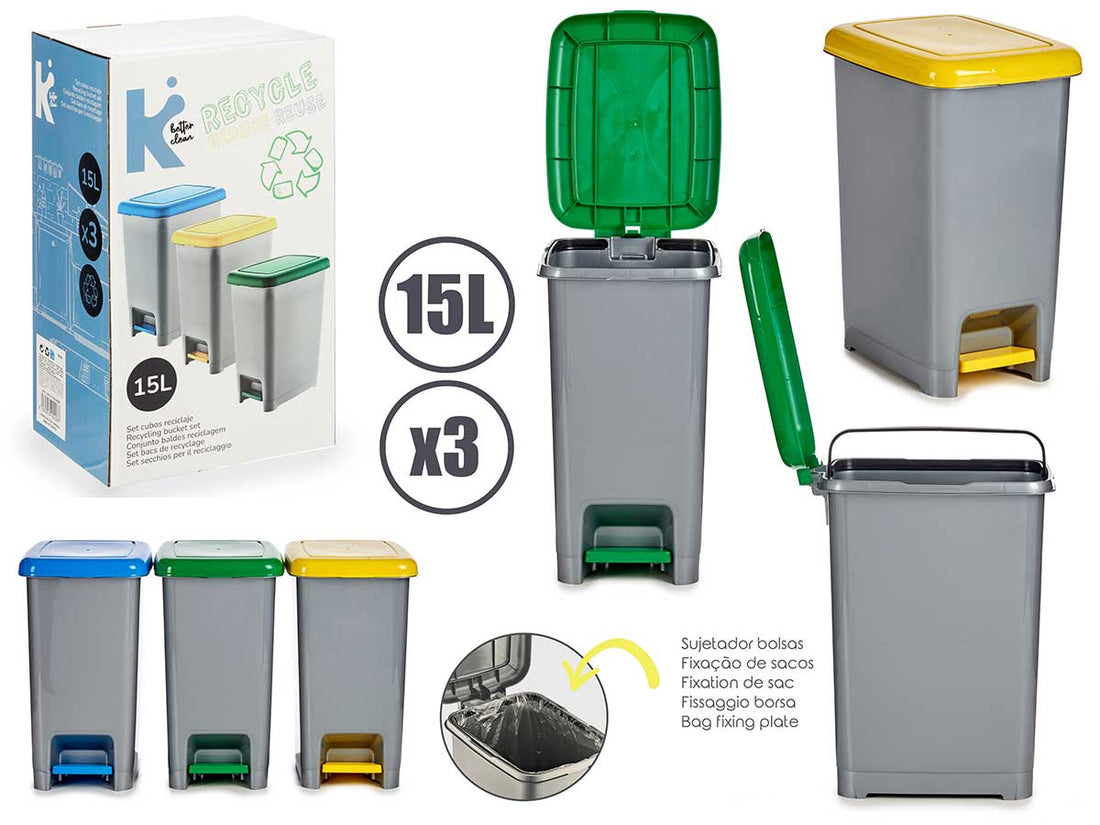 Set 3 Plastic With Pedal Recycling Dustbin 15L