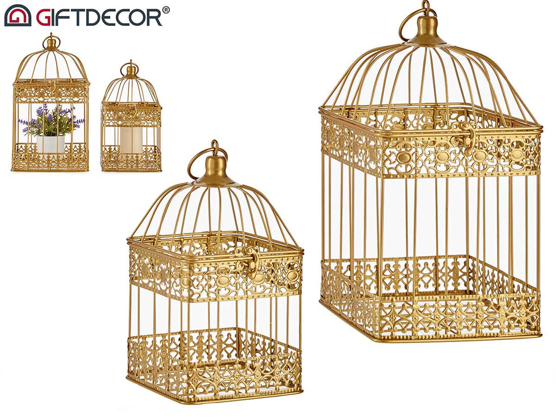 Set 2 Square Golden Metal Cages